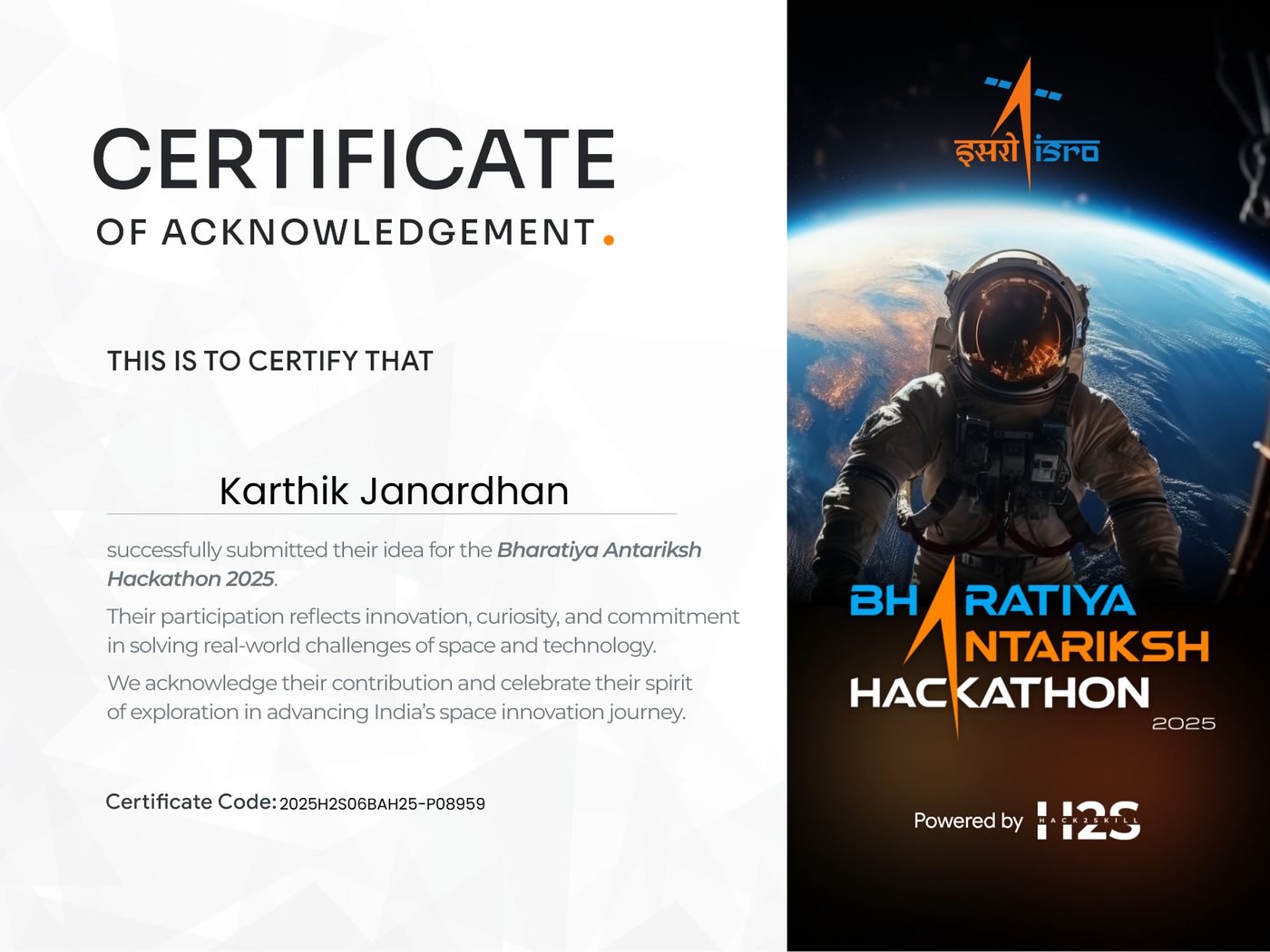 Certificate of Acknowledgement — Bharatiya Antariksh Hackathon