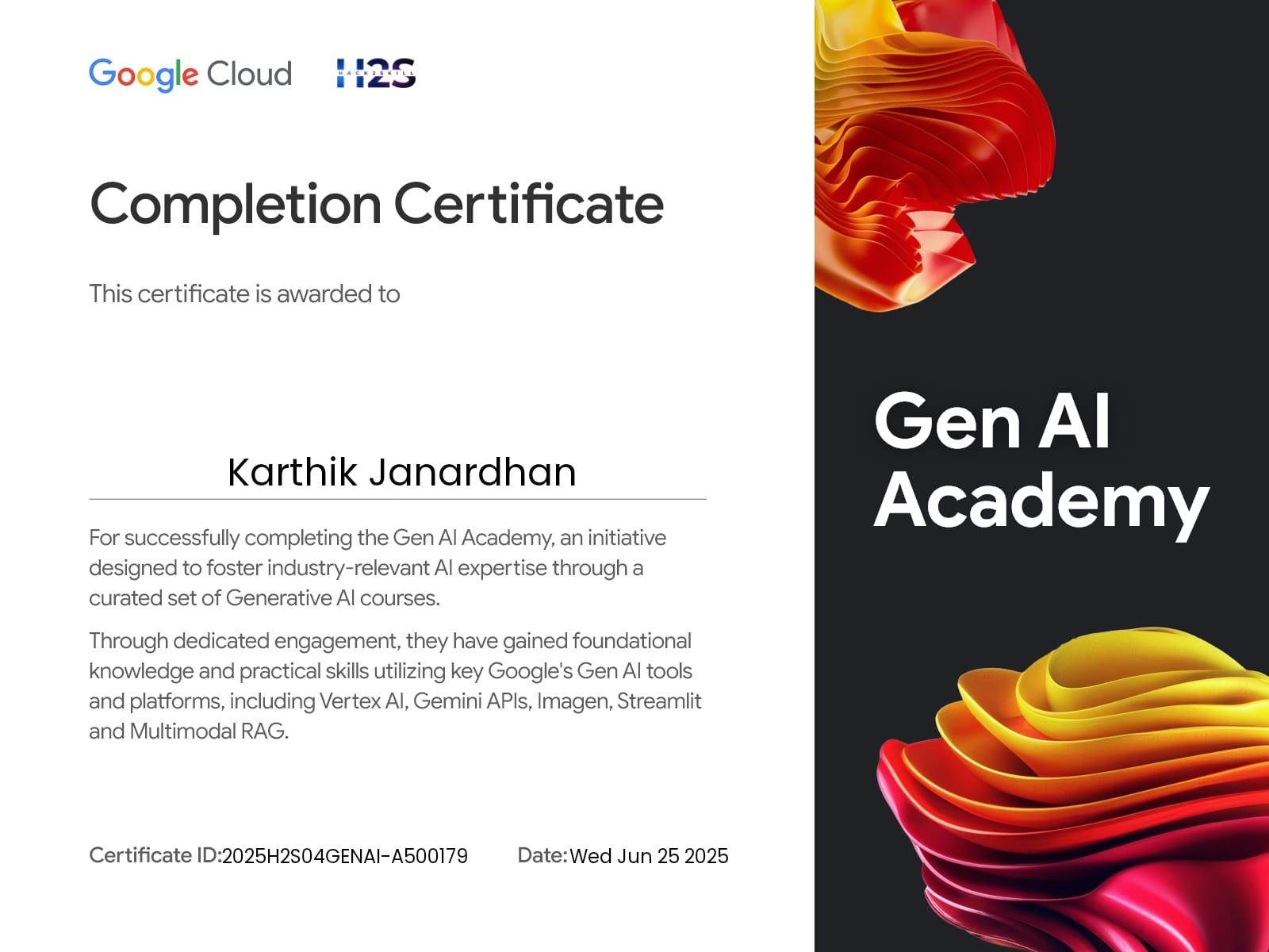 Google Cloud Generative AI / AI Completion Certificate